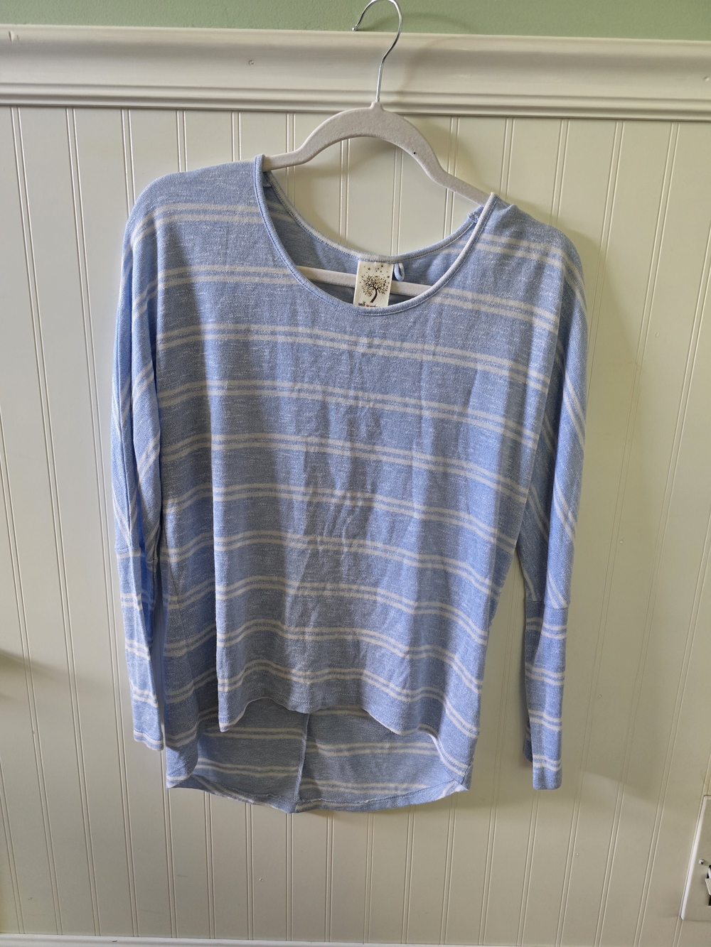 Self Esteem Light Blue and White Striped Long Sleeve Top